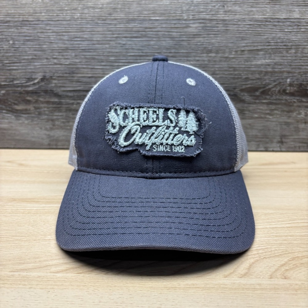 Scheels Outfitters Hat Cap Snap Back Blue Gray Trucker Distressed Hunting Fish